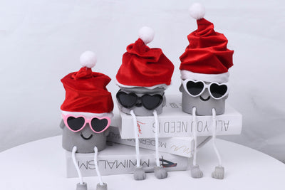 Shy Kid, Shy Mom, Shy Grandpa - Artificial Succulent Potted Plant With 3 Santa Hats, Black Sunglasses, Pink Sunglasses, White Sunglasses, Cute Hanging Legs and Emoji Face