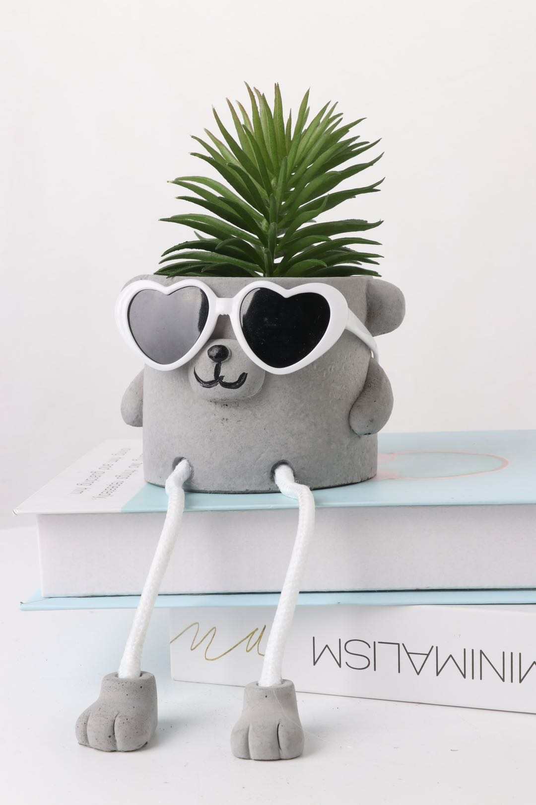 Shy Bear - Artificial Succulent Potted Plant With Santa Hat, White Sunglasses, Cute Hanging Legs and Emoji Face