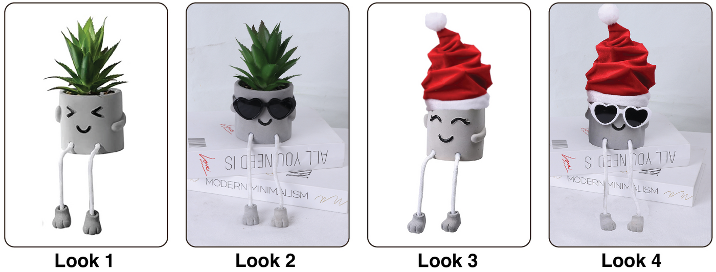 Shy Mom - Artificial Succulent Potted Plant With Santa Hat, Pink Sunglasses, Cute Hanging Legs and Emoji Face