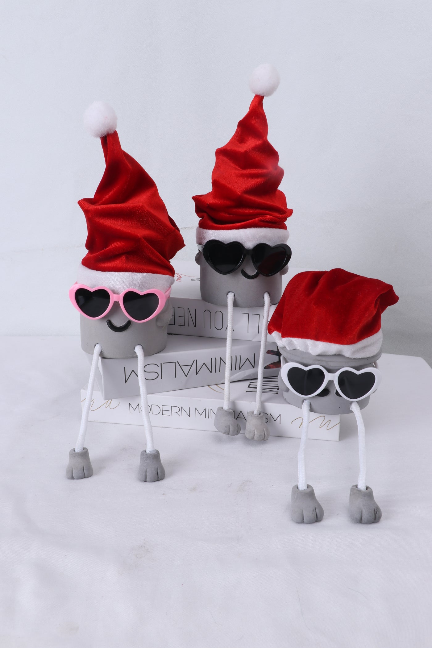 Shy Kid, Shy Mom, Shy Grandpa - Artificial Succulent Potted Plant With 3 Santa Hats, Black Sunglasses, Pink Sunglasses, White Sunglasses, Cute Hanging Legs and Emoji Face