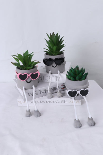 Shy Mom - Artificial Succulent Potted Plant With Santa Hat, Pink Sunglasses, Cute Hanging Legs and Emoji Face