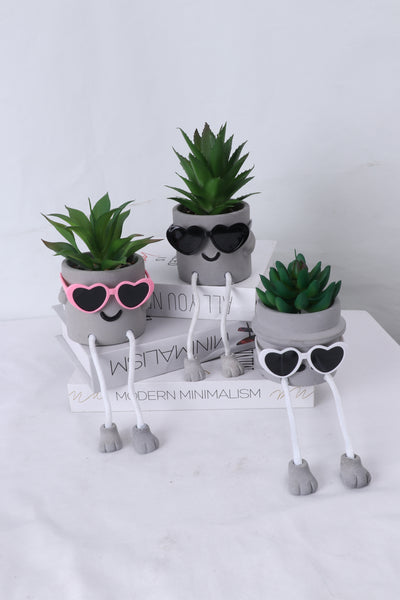 Shy Dad - Artificial Succulent Potted Plant With Santa Hat, Black Sunglasses, Cute Hanging Legs and Emoji Face