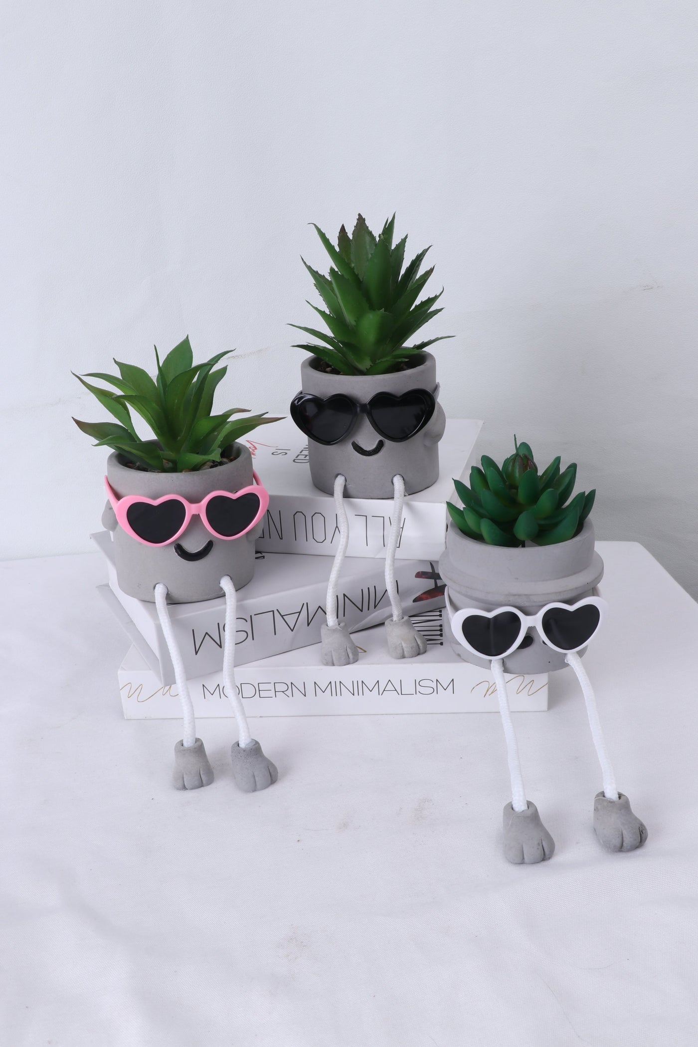 Shy Kid, Shy Mom, Shy Grandpa - Artificial Succulent Potted Plant With 3 Santa Hats, Black Sunglasses, Pink Sunglasses, White Sunglasses, Cute Hanging Legs and Emoji Face