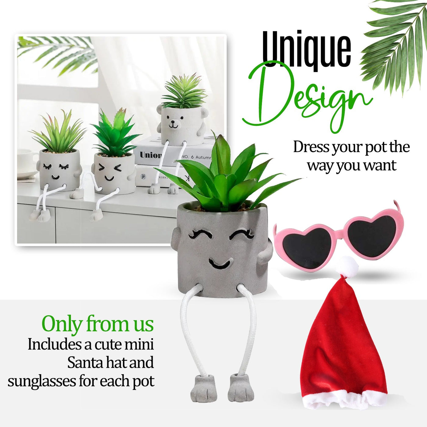 Shy Dad - Artificial Succulent Potted Plant With Santa Hat, Black Sunglasses, Cute Hanging Legs and Emoji Face