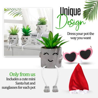 Shy Dad - Artificial Succulent Potted Plant With Santa Hat, Black Sunglasses, Cute Hanging Legs and Emoji Face